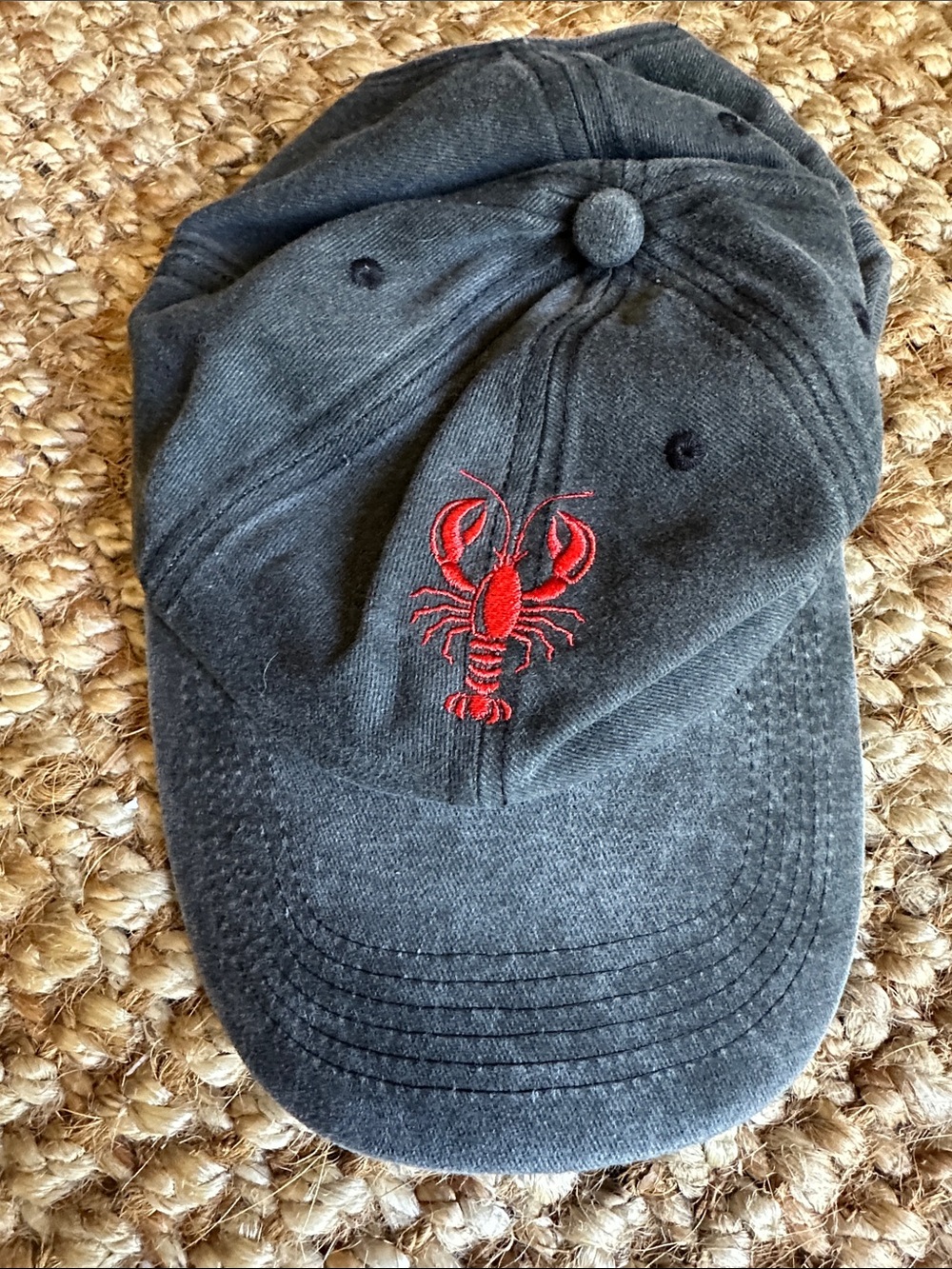 Washed Black Baseball Cap with Red Lobster Accent